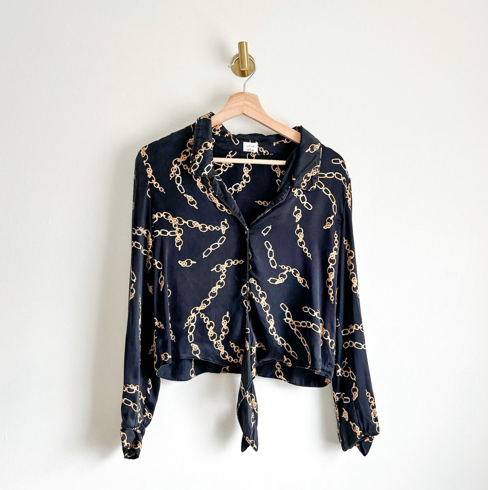 Wilfred Silk Chain Print Tie Front Blouse Black S $148